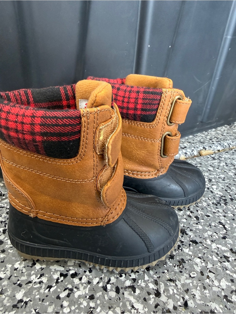 GAP Brown and Black Kids Waterproof Snow Boots with Red Plaid Cuff